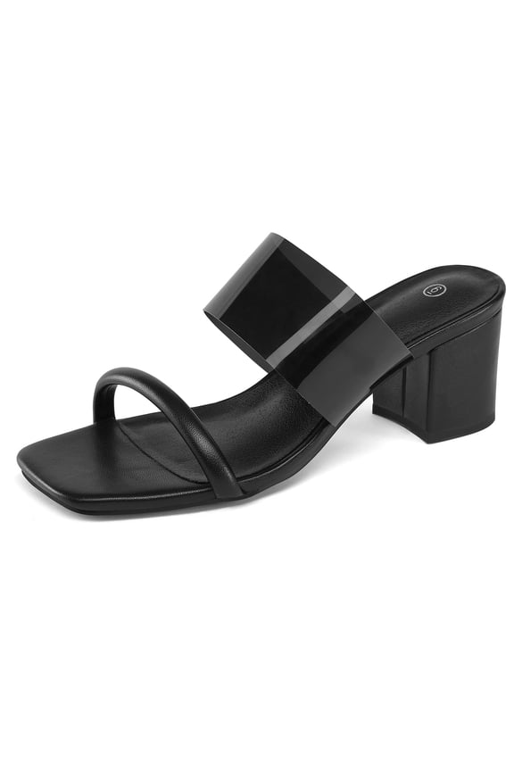 Pennysue Women's Block Heel Square Toe Mules Black Two Straps Backless Sandals 10M