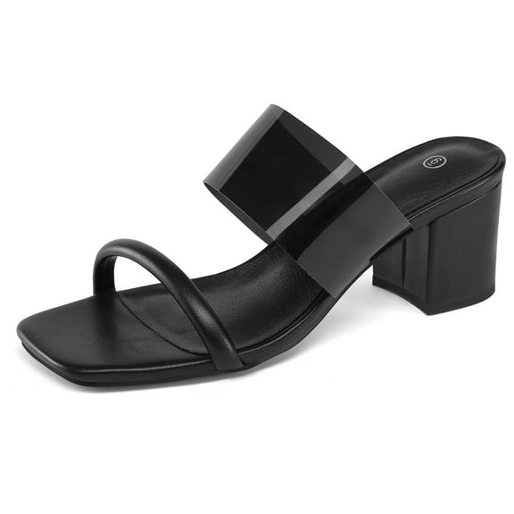 Pennysue Women's Block Heel Square Toe Mules Black Two Straps Backless Sandals 8M