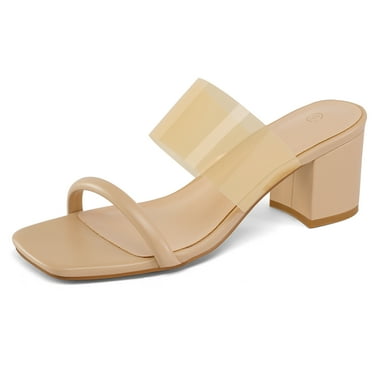 Pennysue Women's Block Heel Square Toe Mules Nude Two Straps Backless Sandals 11M
