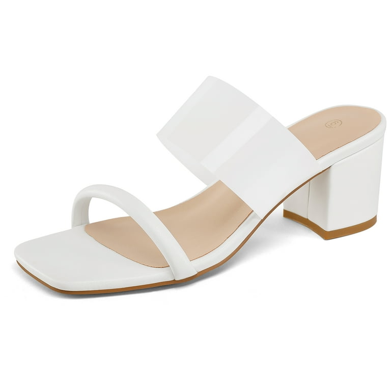 Pennysue Women's Block Heel Square Toe Mules White Two Straps