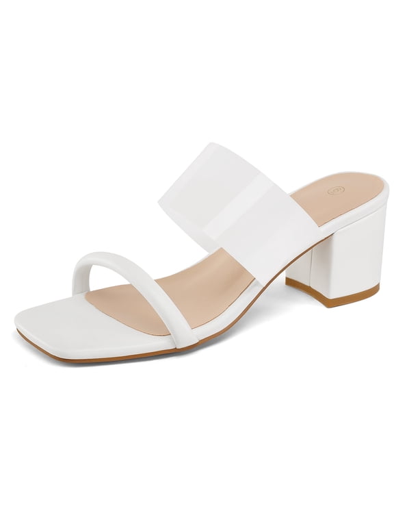 Pennysue Women's Block Heel Square Toe Mules White Two Straps Backless Sandals 11M