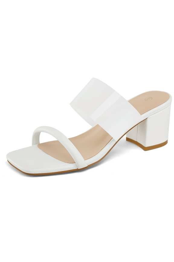 Pennysue Women's Block Heel Square Toe Mules White Two Straps Backless Sandals 6M