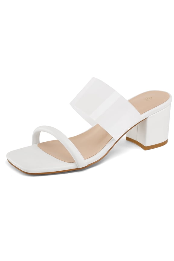 Pennysue Women's Block Heel Square Toe Mules White Two Straps Backless Sandals 8M
