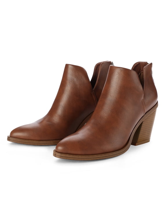 Pennysue Women's Brown Ankle Boots With Side Slit Pointed Thick Heeled Stacked Middle Heel Boots Size 8M