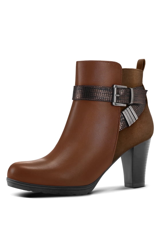 Pennysue Women's Brown Wide Width Ankle Boots With Buckle And Zipper Chunky Heel Ankle Strap Zip Boots For Ladies Size 7