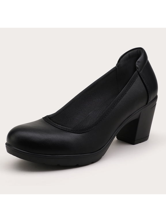 Pennysue Women's Low Chunky Heel Pumps Black Closed Toe Shoes 7M