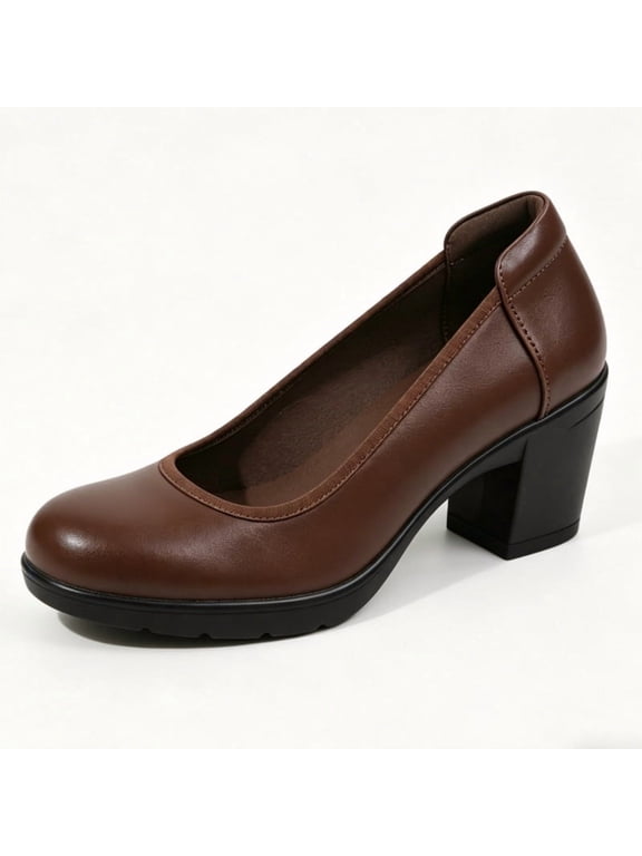 Pennysue Women's Chunky Heel Pumps Slip On Brown PU Closed Toe Shoes 8M