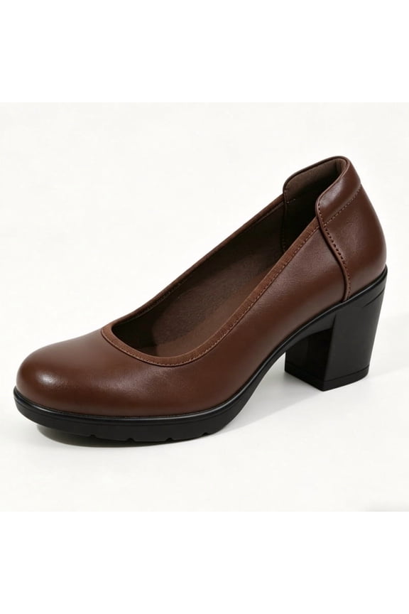 Pennysue Women's Chunky Heel Pumps Slip On Brown PU Closed Toe Shoes 9.5M