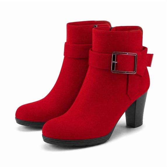 Pennysue Women's Chunky Heel Red Buckle Ankle Boots Thick Heeled Layered Zip-Up Ladies'Booties Size 9M