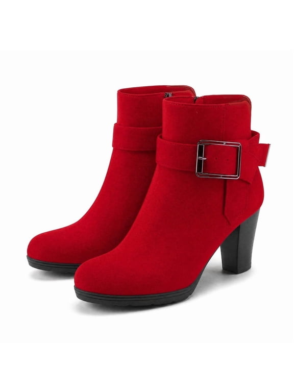 Pennysue Women's Chunky Heel Red Buckle Ankle Boots Thick Heeled Layered Zip-Up Ladies'Booties Size 9M