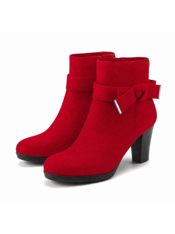Pennysue Women's Chunky Heel Red Buckle Ankle Boots Thick Heeled Layered Zip-Up Ladies'Booties Size 9M