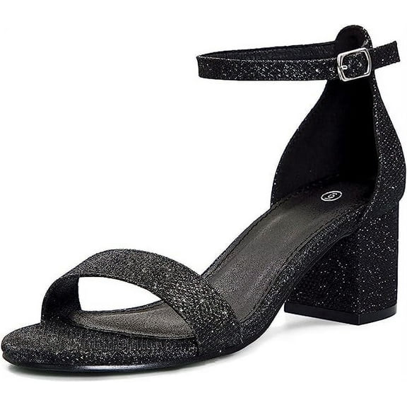 Pennysue Women's Chunky Low Heels Sandals Black Glitter Ankle Strap Wedding Shoes 6.5M