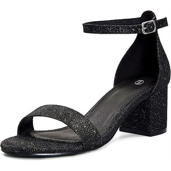 Pennysue Women's Chunky Low Heels Sandals Black Glitter Ankle Strap Wedding Shoes 8M
