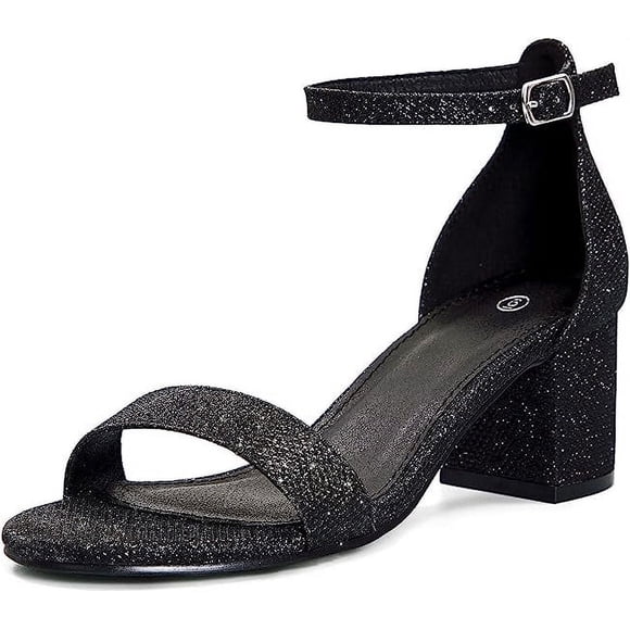 Pennysue Women's Chunky Low Heels Sandals Black Glitter Ankle Strap Wedding Shoes 8M