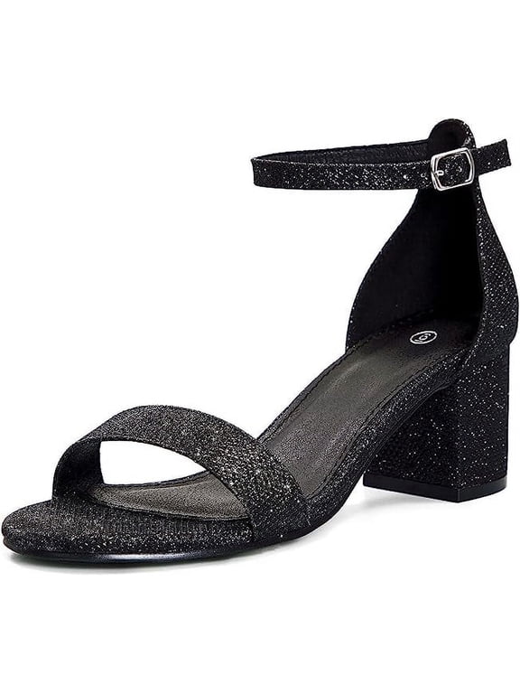 Pennysue Women's Chunky Low Heels Sandals Black Glitter Ankle Strap Wedding Shoes 8M