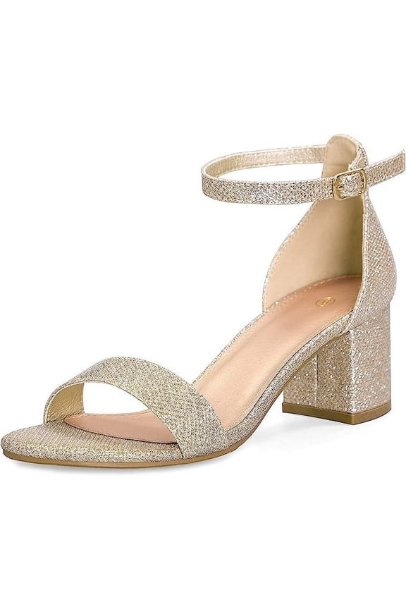 Pennysue Women's Chunky Low Heels Sandals Gold Glitter Ankle Strap Wedding Shoes 8.5M