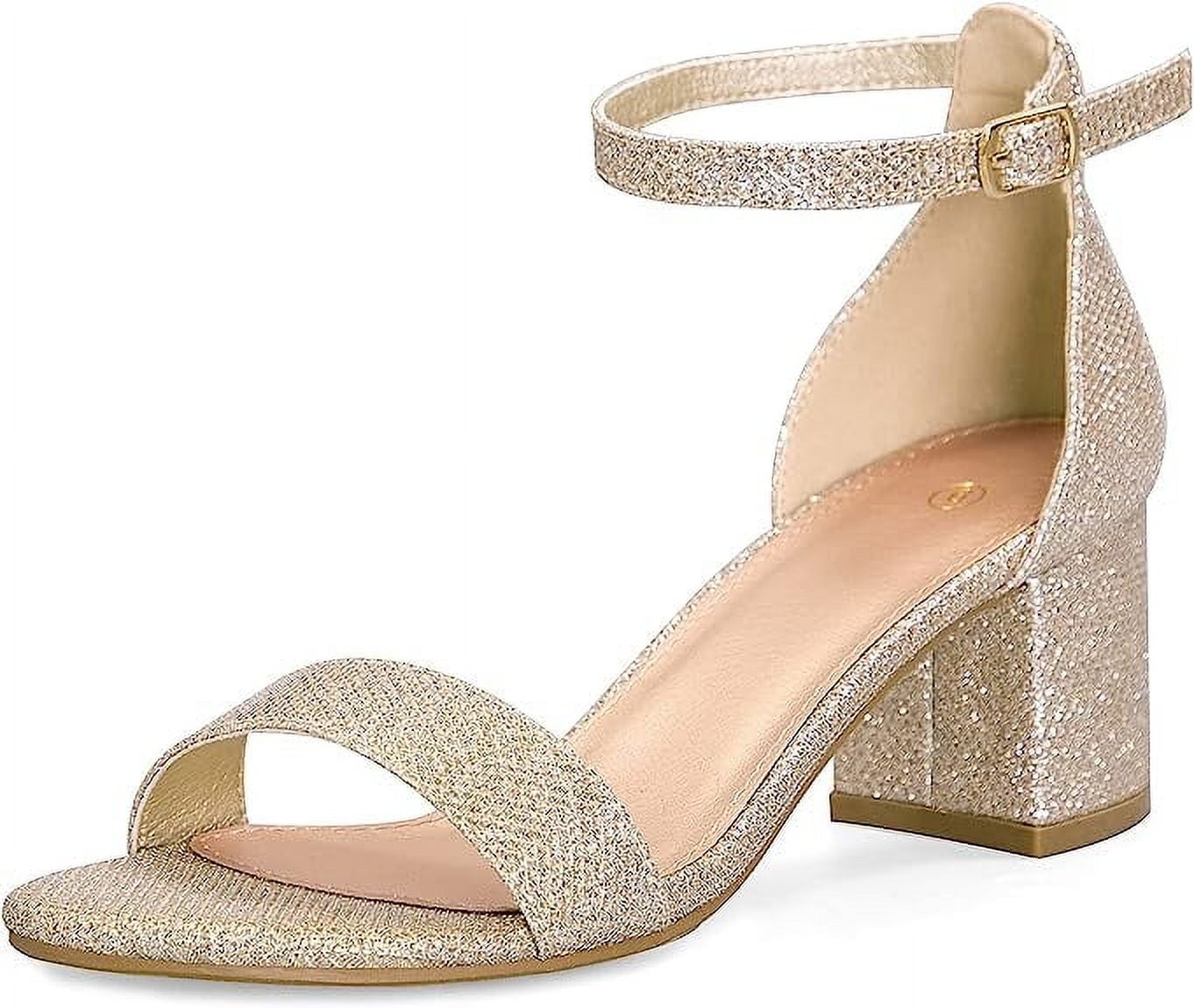 Pennysue Women s Strappy Chunky Low Heels Gold Glitter Sandals Ankle Strap Wedding Shoes 8M Walmart