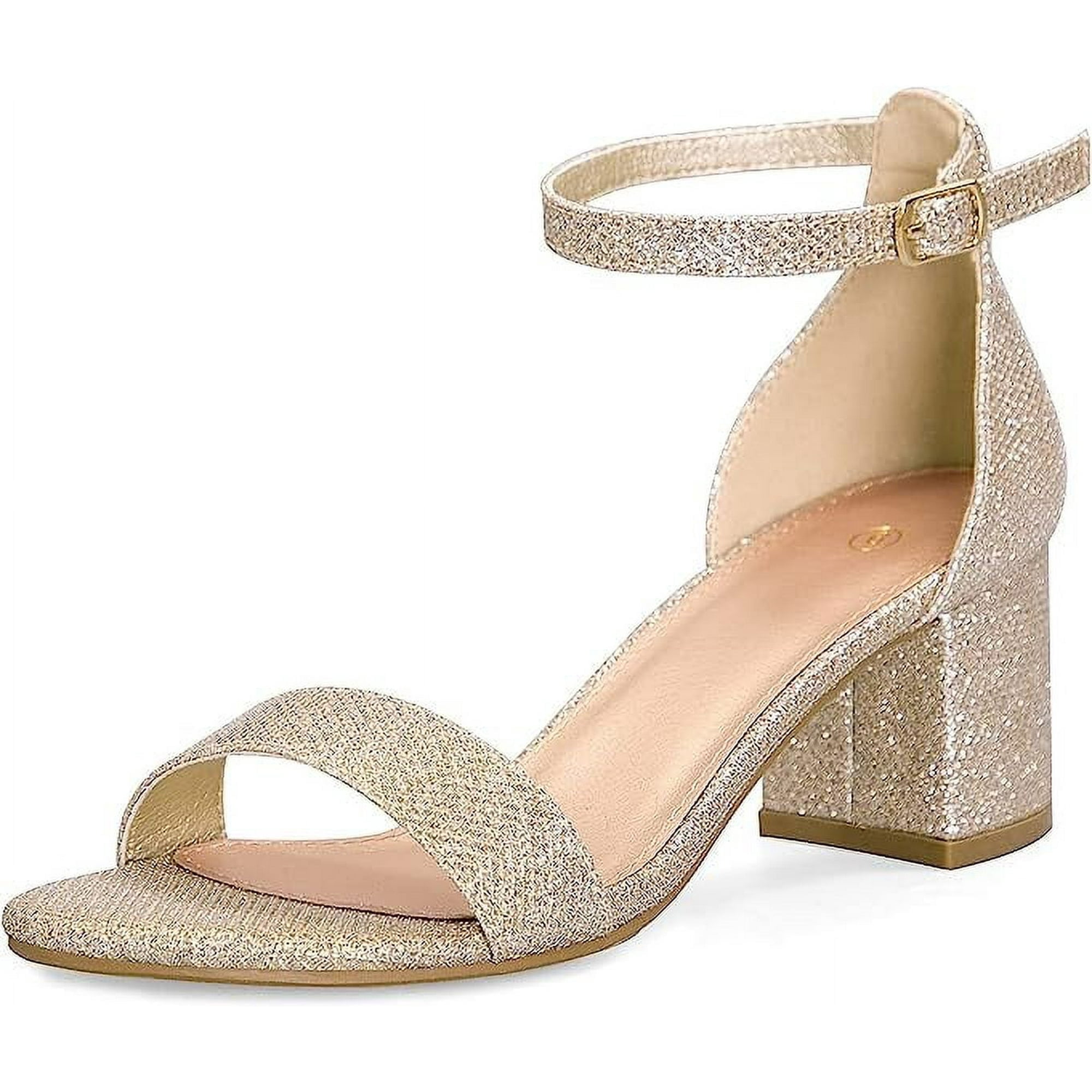 Pennysue Women's Chunky Low Heels Sandals Gold Glitter Ankle Strap
