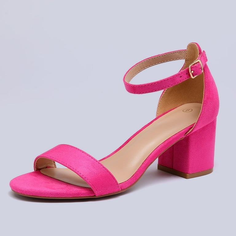 Pennysue Women's Chunky Low Heels Sandals, Hot Pink Ankle Strap