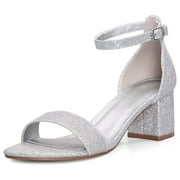 PENNY SUE Pennysue Women's Chunky Low Heels Sandals Silver Glitter Ankle Strap Wedding Shoes 10M