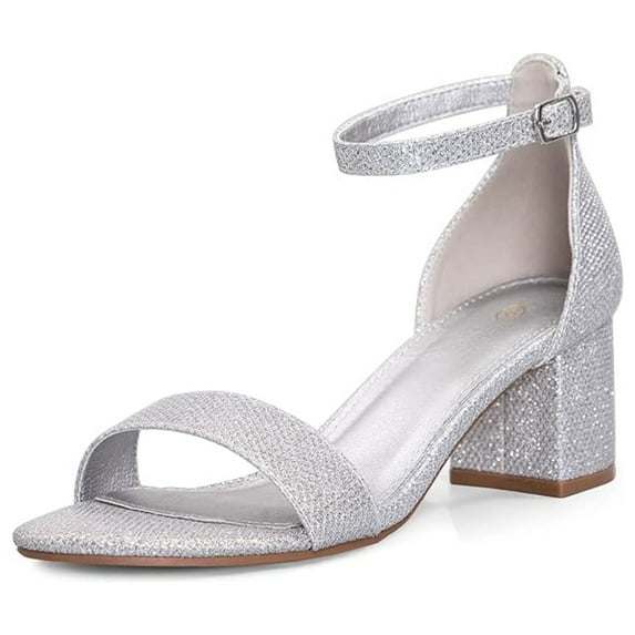 Pennysue Women's Chunky Low Heels Sandals Silver Glitter Ankle Strap Wedding Shoes 7.5M