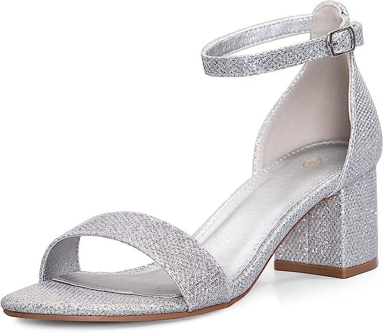 Pennysue Women's Chunky Low Heels Sandals Silver Glitter Ankle Strap ...