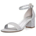 thumbnail image 1 of Pennysue Women's Chunky Low Heels Sandals Silver Glitter Ankle Strap Wedding Shoes 7M, 1 of 6