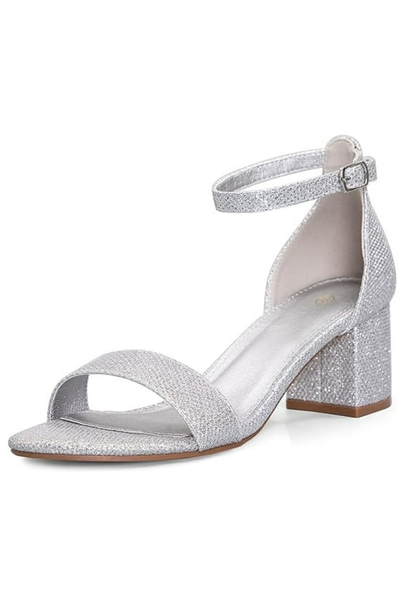 Pennysue Women's Chunky Low Heels Sandals Silver Glitter Ankle Strap Wedding Shoes 8M