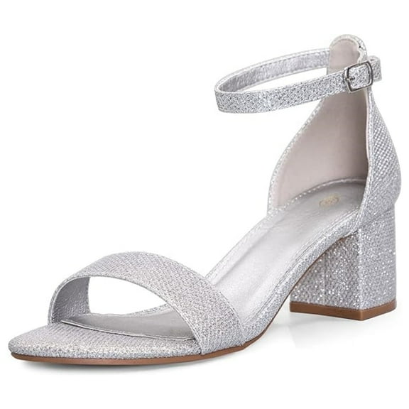 Pennysue Women's Chunky Low Heels Sandals Silver Glitter Ankle Strap Wedding Shoes 9M