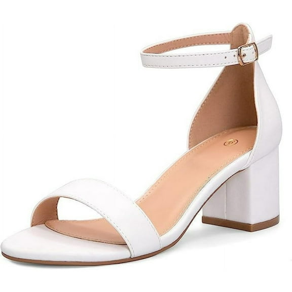 Pennysue Women's Chunky Low Heels Sandals White Pu Ankle Strap Wedding Shoes 7.5M