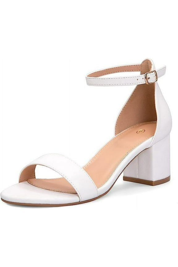 Pennysue Women's Chunky Low Heels Sandals White Pu Ankle Strap Wedding Shoes 7.5M