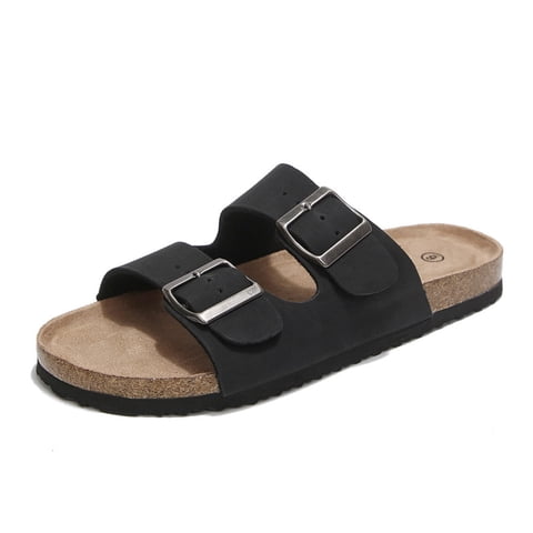 Pennysue Women's Cork Footbed Slide Sandals Black Adjustable Buckle Slipper Shoes with Arch Support 7M