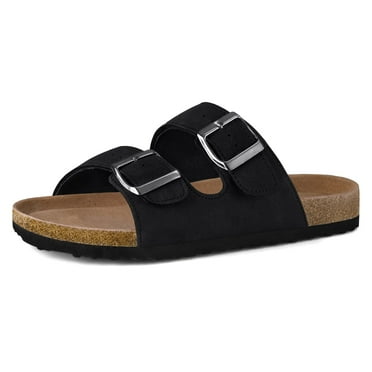 Pennysue Women's Cork Footbed Slide Sandals Black Adjustable Buckle Slipper Shoes with Arch Support 9M