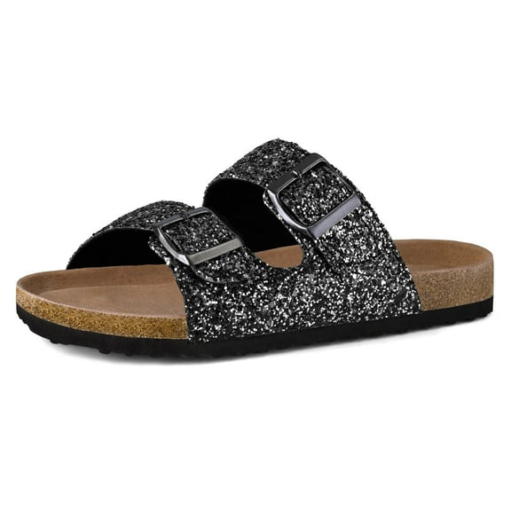 Pennysue Women's Cork Footbed Slide Sandals Black Glitter Adjustable Buckle Slipper Shoes with Arch Support 8M