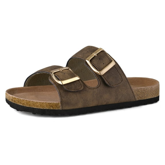 Pennysue Women's Cork Footbed Slide Sandals Dark Brown Adjustable Buckle Slipper Shoes with Arch Support 10M