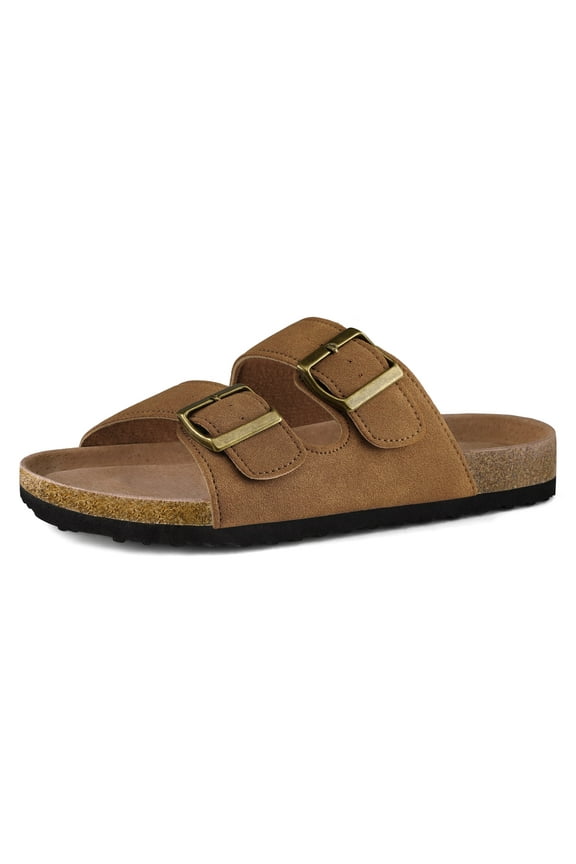Pennysue Women's Cork Footbed Slide Sandals New-Brown Adjustable Buckle Slipper Shoes with Arch Support 10M
