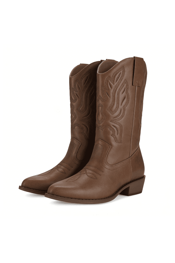 Pennysue Women's Cowboy Boots Solid Brown Mid-Calf Pointed Toe Cowgirl Western Boots for Dancing Wedding Traveling Daily Outfits 10M