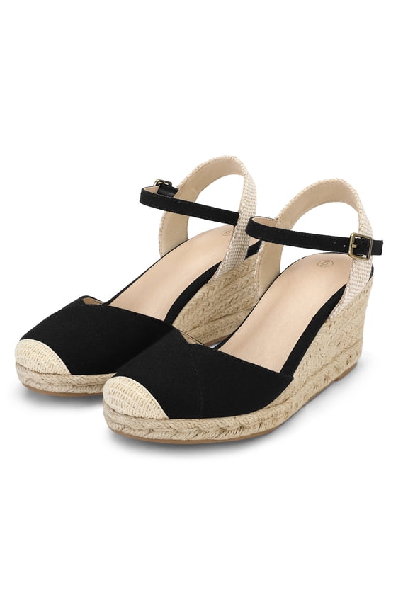 Pennysue Women's Espadrilles Wedge Sandals Black Platform Ankle Strap Sandals Size 7M