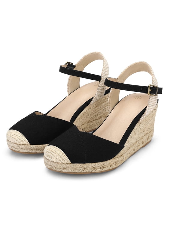 Pennysue Women's Espadrilles Wedge Sandals Black Platform Ankle Strap Sandals Size 9M
