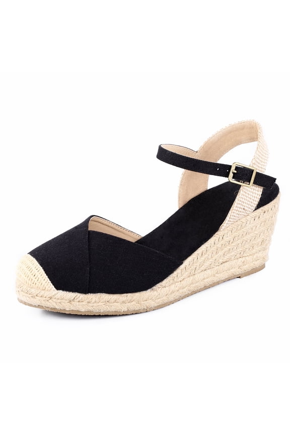 Pennysue Women's Espadrilles Wedge Sandals Black Platform Ankle Strap Sandals Size 9M