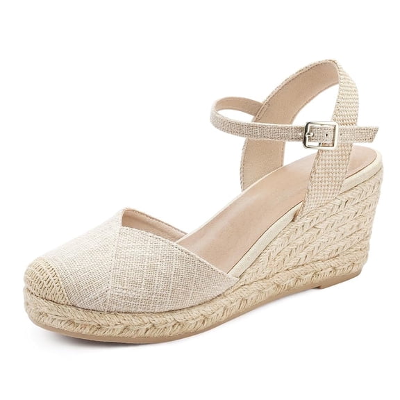 Pennysue Women's Espadrilles Wedge Sandals Nude Cross Platform Ankle Strap Sandals Size 7.5M
