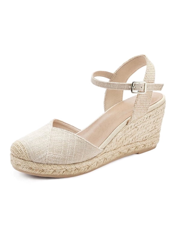Pennysue Women's Espadrilles Wedge Sandals Nude Cross Platform Ankle Strap Sandals Size 7M