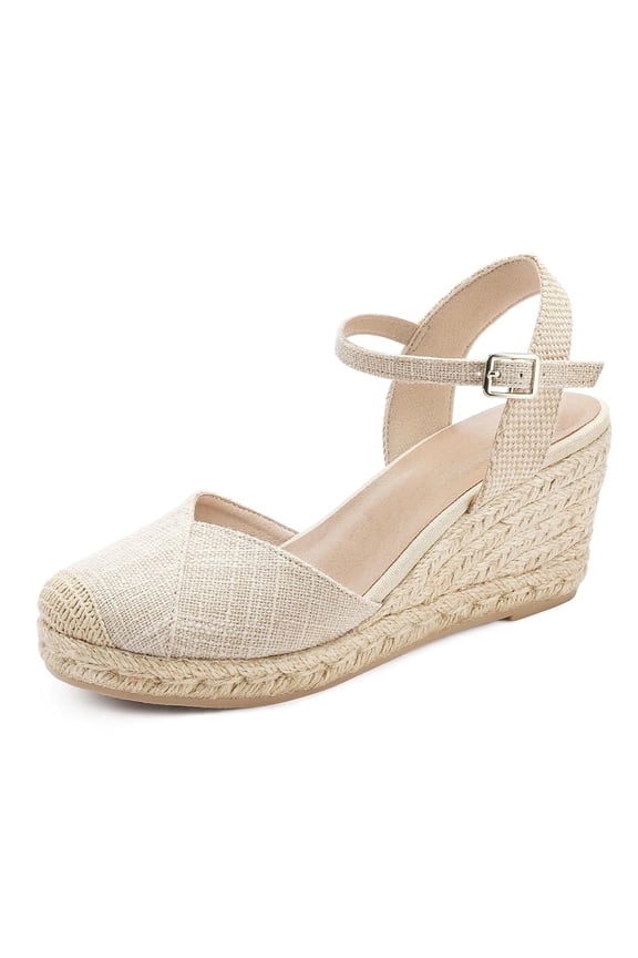 Pennysue Women's Espadrilles Wedge Sandals Nude Cross Platform Ankle Strap Sandals Size 8.5M