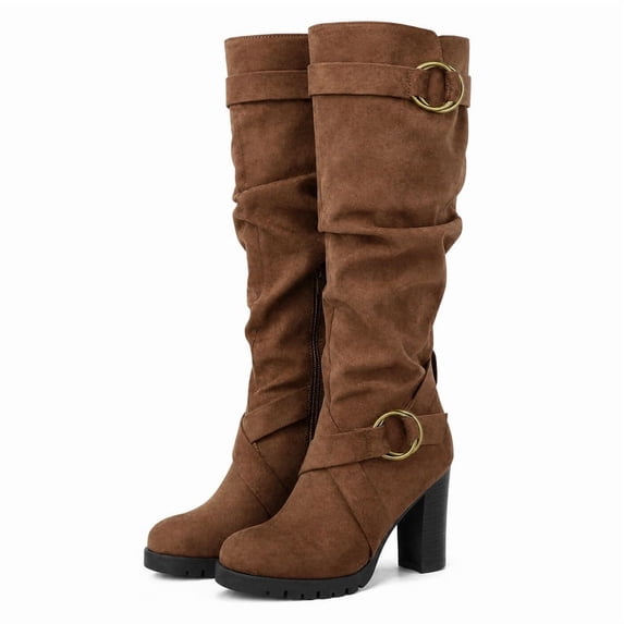 Pennysue Women's Fashion Knee High Boots With Chunky Heel Winter Warm Size Zippers Boots With Buckle Design Size 10M