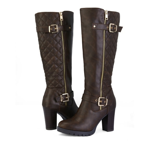 Pennysue Women's Fashion Knee High Boots With Chunky Heel Winter Warm Size Zippers Boots With Buckle Design Size 6.5M