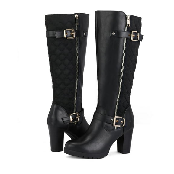 Pennysue Women's Fashion Knee High Boots With Chunky Heel Winter Warm Size Zippers Boots With Buckle Design Size 6M