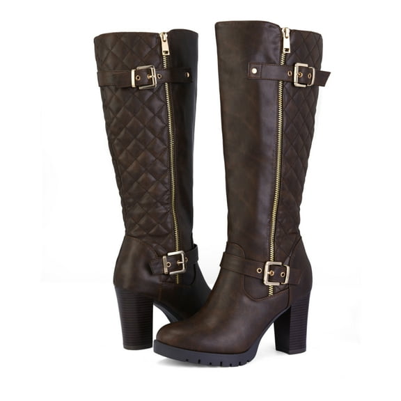 Pennysue Women's Fashion Knee High Boots With Chunky Heel Winter Warm Size Zippers Boots With Buckle Design Size 6M