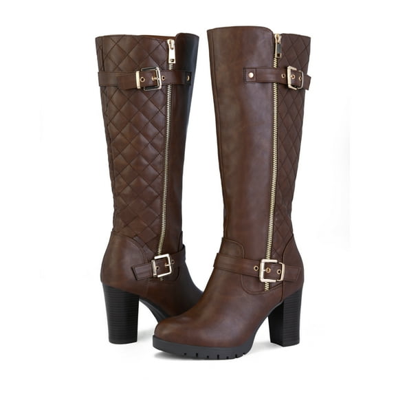 Pennysue Women's Fashion Knee High Boots With Chunky Heel Winter Warm Size Zippers Boots With Buckle Design Size 8M