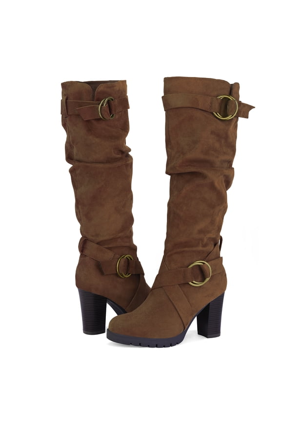 Pennysue Women's Fashion Knee High Boots With Chunky Heel Winter Warm Size Zippers Boots With Buckle Design Size 9M