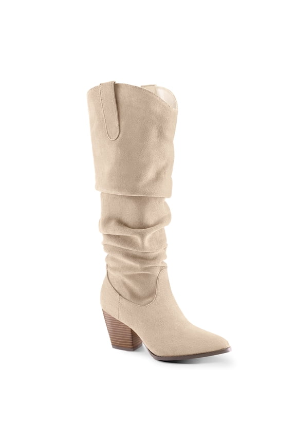 Pennysue Women's Knee-High Booties Beige Mid Chunky Heel Slouchy Boots With Side Zippers Boots 8M